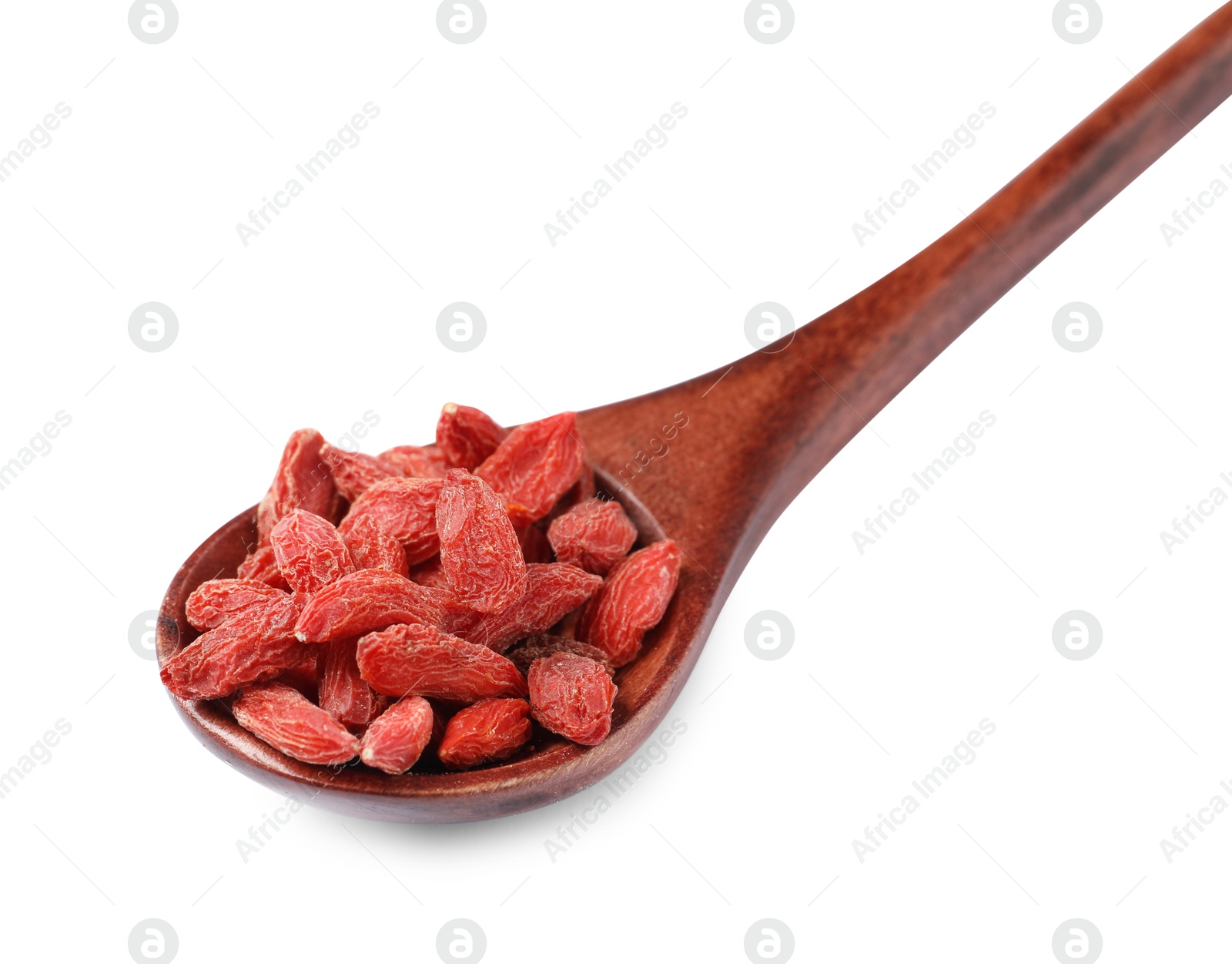 Photo of Spoon with dried goji berries isolated on white