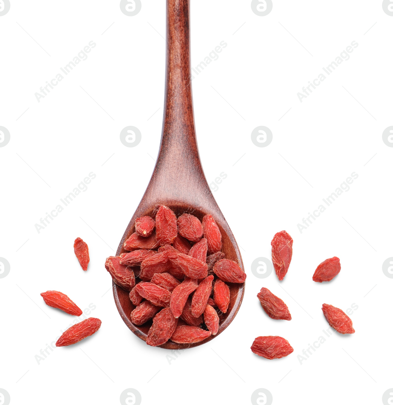 Photo of Spoon with dried goji berries isolated on white, top view