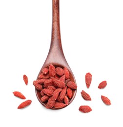 Photo of Spoon with dried goji berries isolated on white, top view