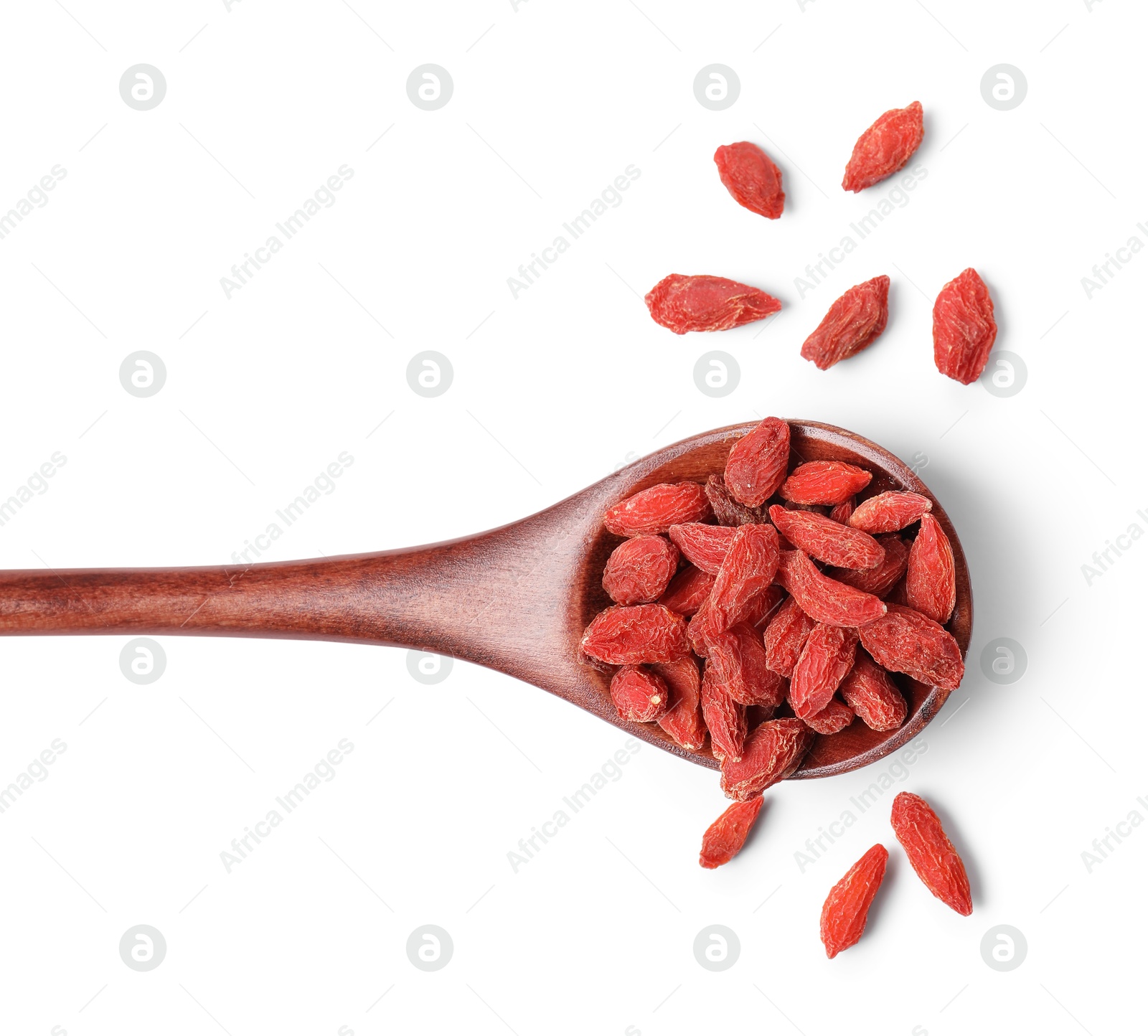 Photo of Spoon with dried goji berries isolated on white, top view