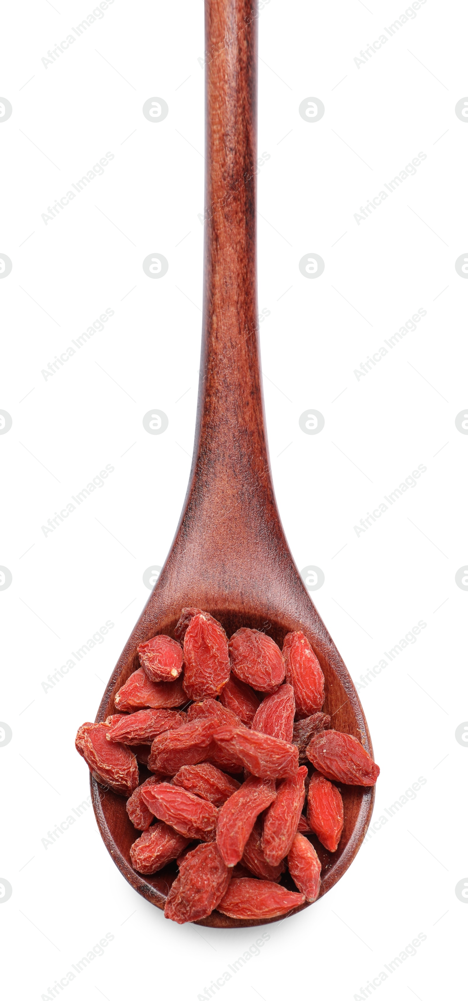 Photo of Spoon with dried goji berries isolated on white, top view