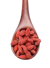 Photo of Spoon with dried goji berries isolated on white, top view