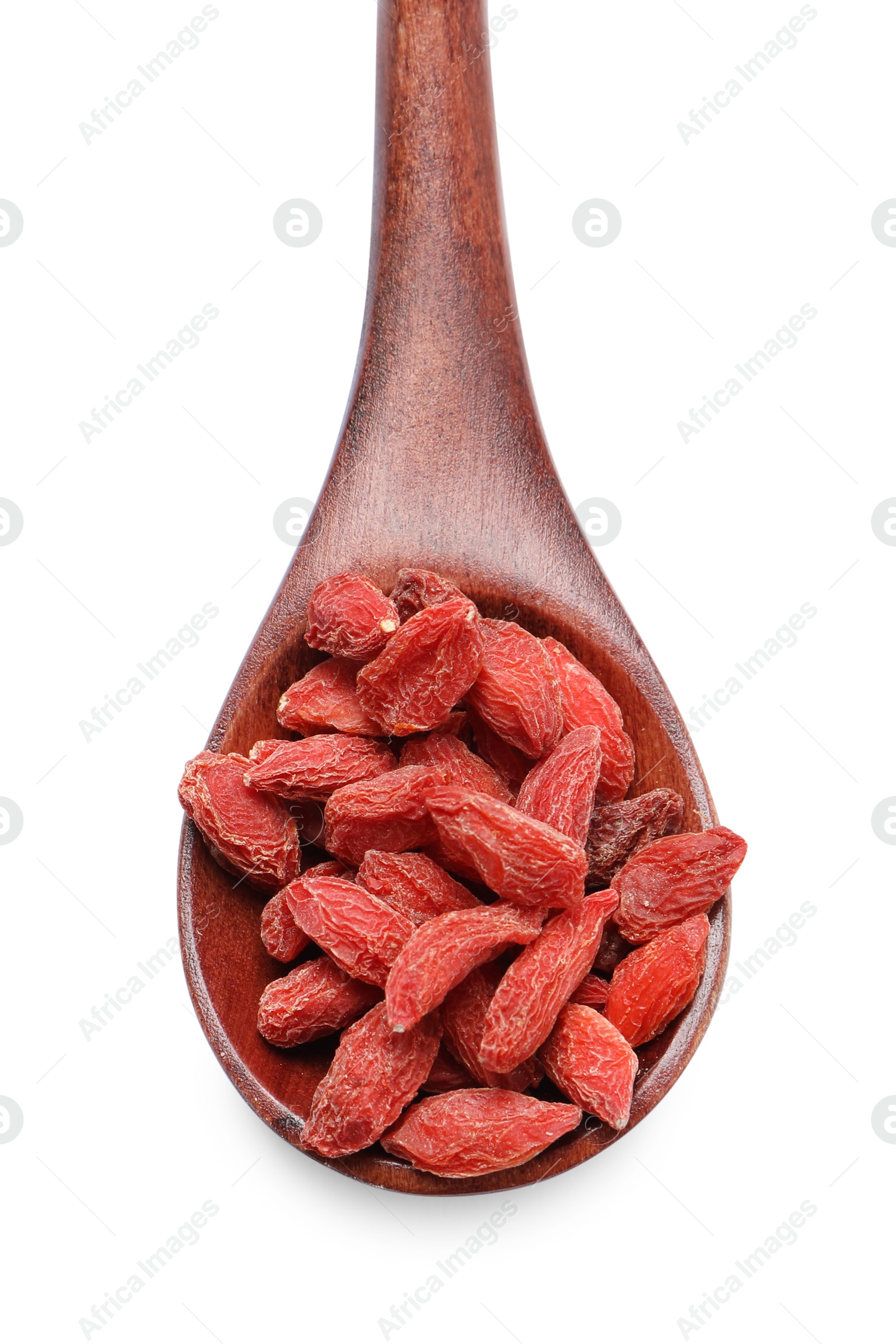 Photo of Spoon with dried goji berries isolated on white, top view