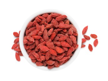 Dried goji berries in bowl isolated on white, top view