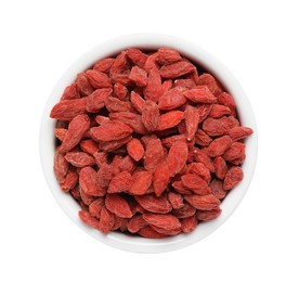 Photo of Dried goji berries in bowl isolated on white, top view