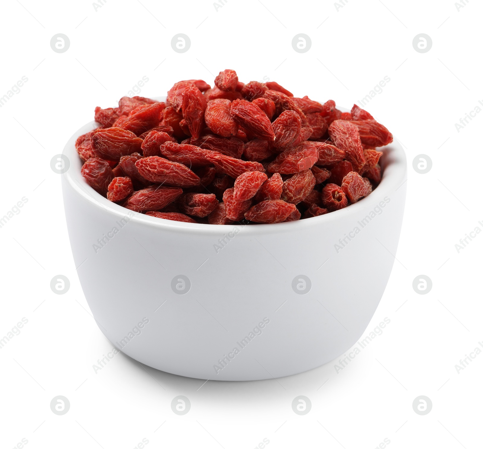 Photo of Dried goji berries in bowl isolated on white