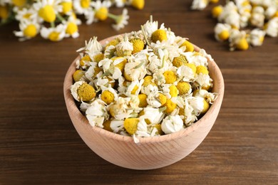 Photo of Chamomile flowers in bowl on wooden table