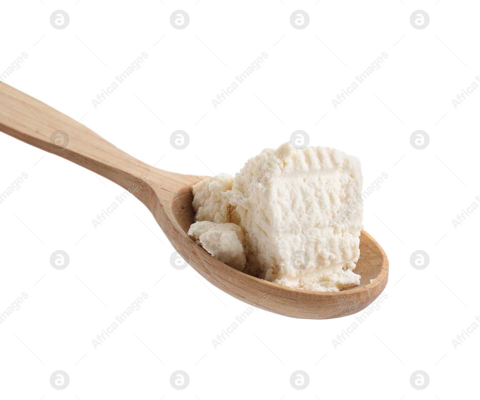 Photo of Tasty ricotta (cream cheese) in spoon isolated on white