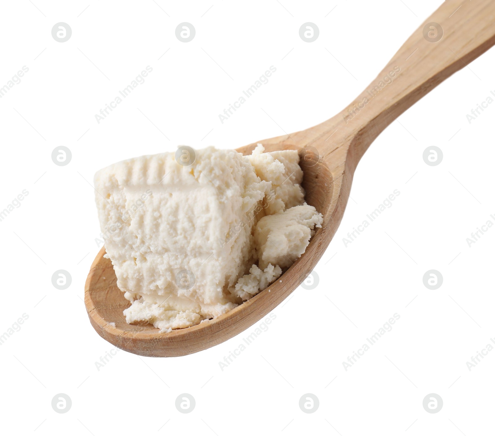 Photo of Tasty ricotta (cream cheese) in spoon isolated on white