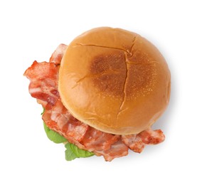 Photo of Delicious burger with bacon and greens isolated on white, top view