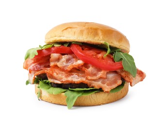 Photo of Delicious burger with bacon, tomato and greens isolated on white