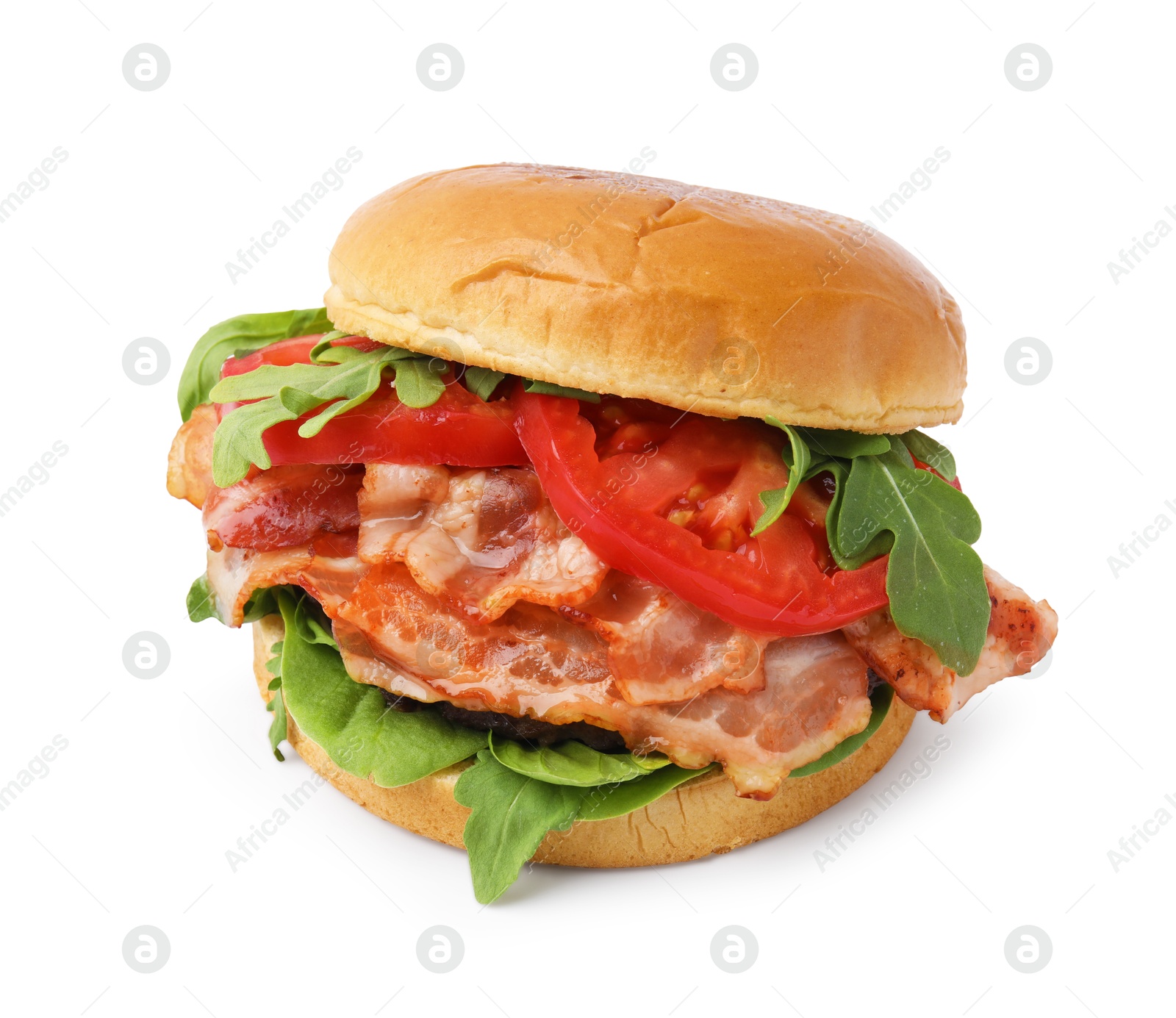 Photo of Delicious burger with bacon, tomato and greens isolated on white