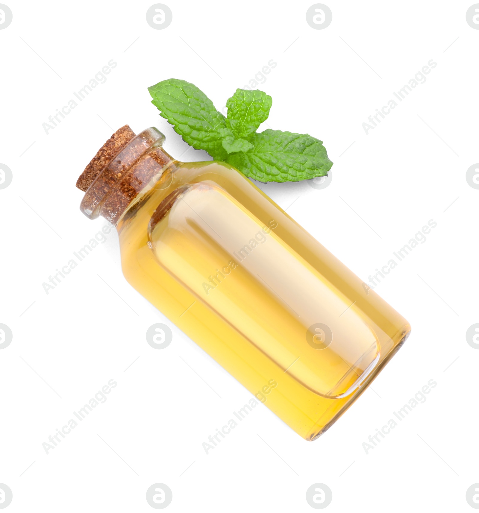 Photo of Bottle of essential oil and mint isolated on white, top view