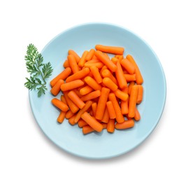 Photo of Baby carrots and green leaf isolated on white, top view