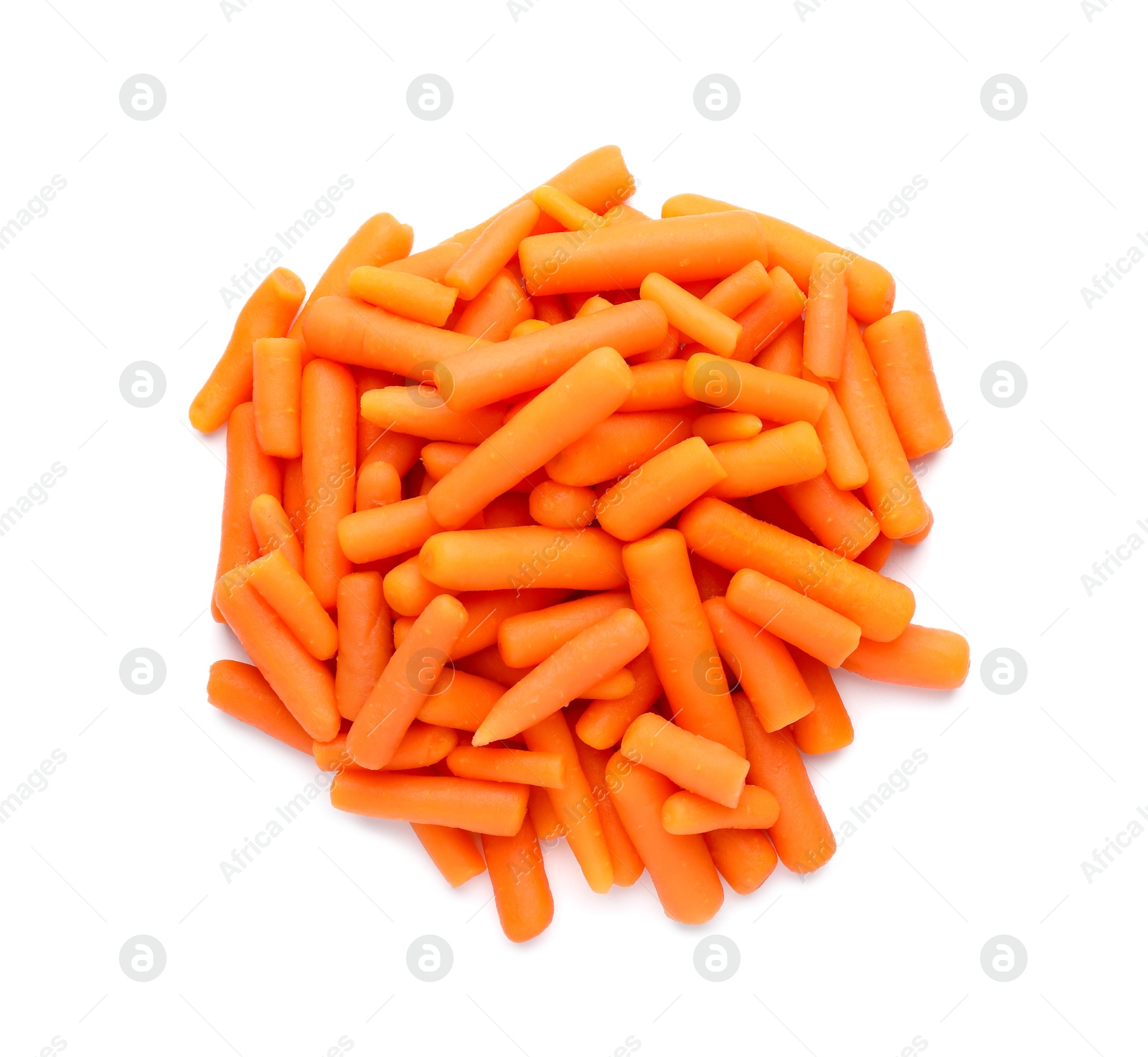 Photo of Pile of baby carrots isolated on white, top view