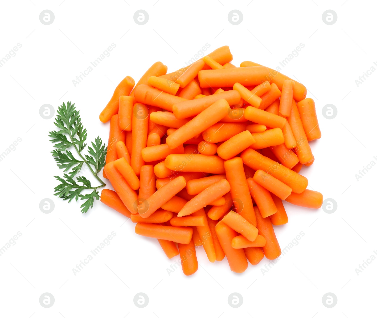 Photo of Pile of baby carrots and green leaf isolated on white, top view