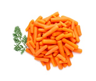 Pile of baby carrots and green leaf isolated on white, top view