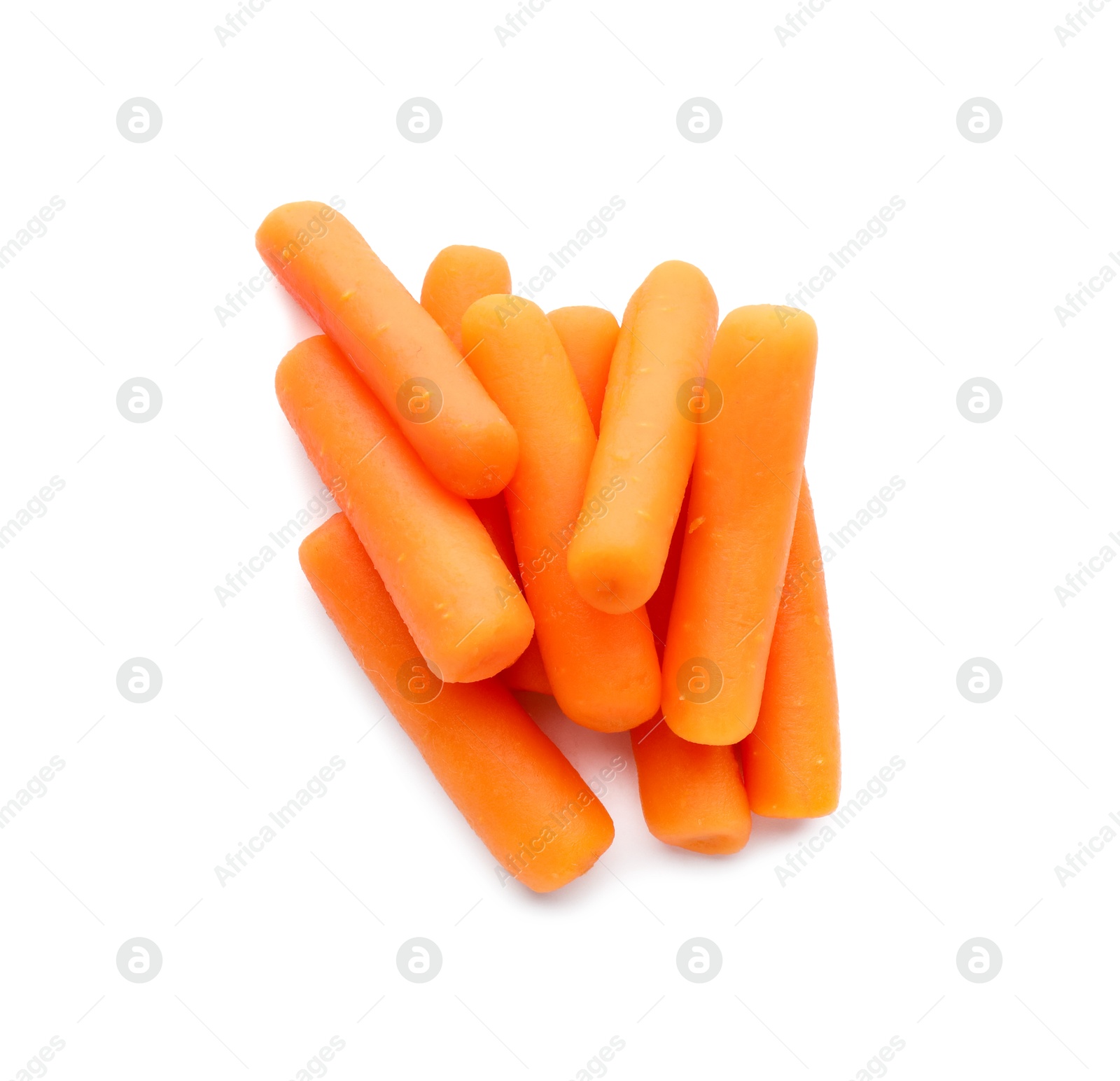 Photo of Pile of baby carrots isolated on white, top view