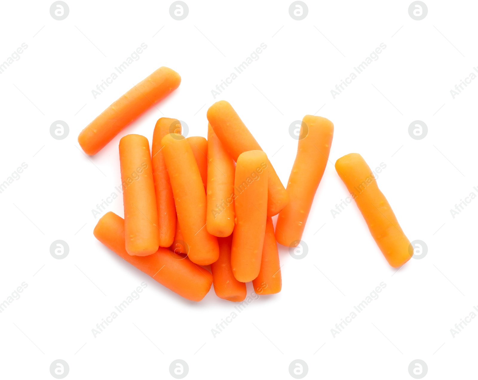 Photo of Many baby carrots isolated on white, top view