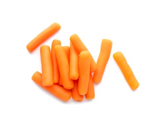 Many baby carrots isolated on white, top view