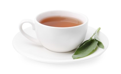 Aromatic herbal tea in cup with sage isolated on white