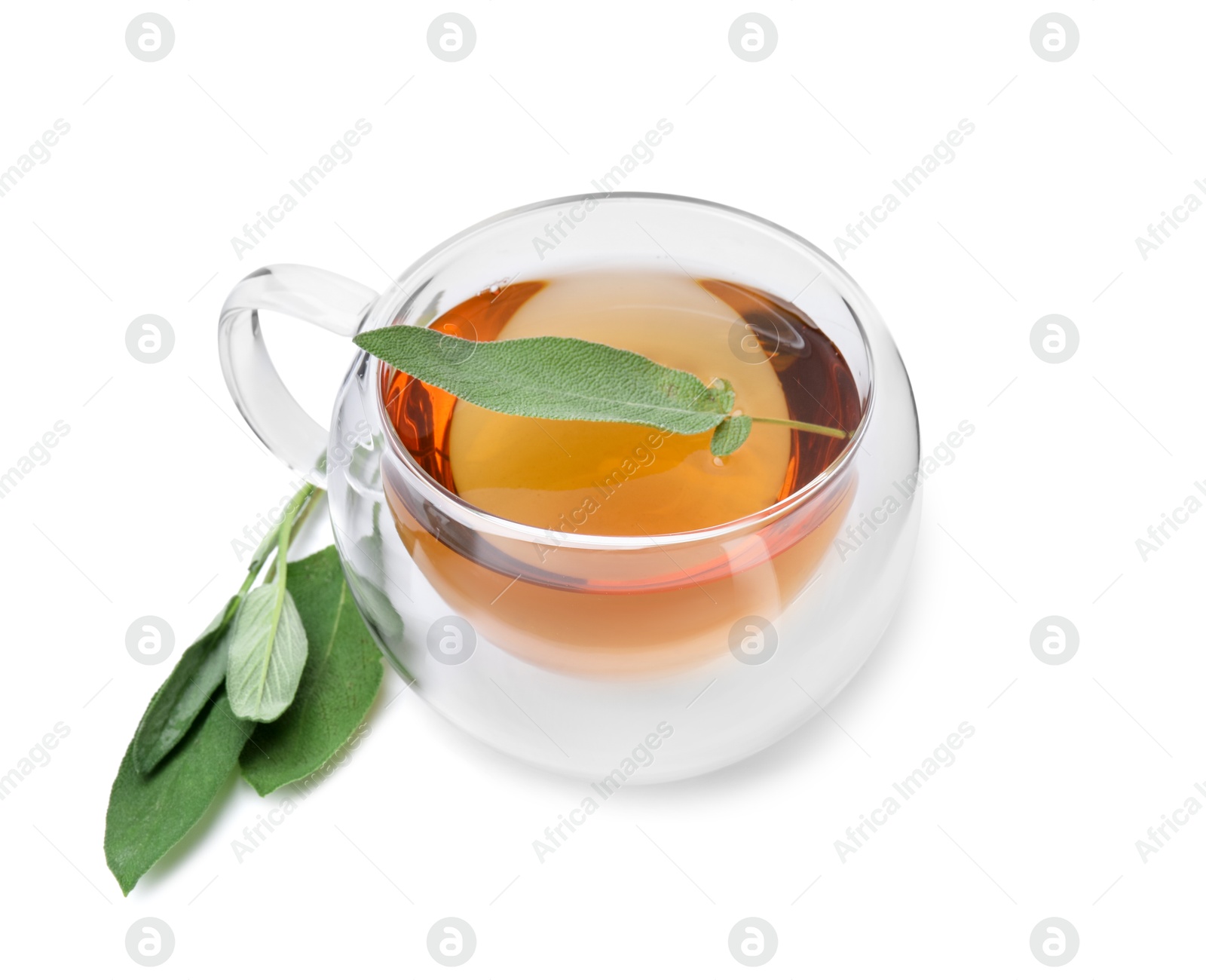 Photo of Aromatic herbal tea in cup with sage isolated on white