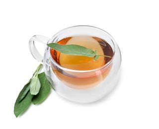 Photo of Aromatic herbal tea in cup with sage isolated on white