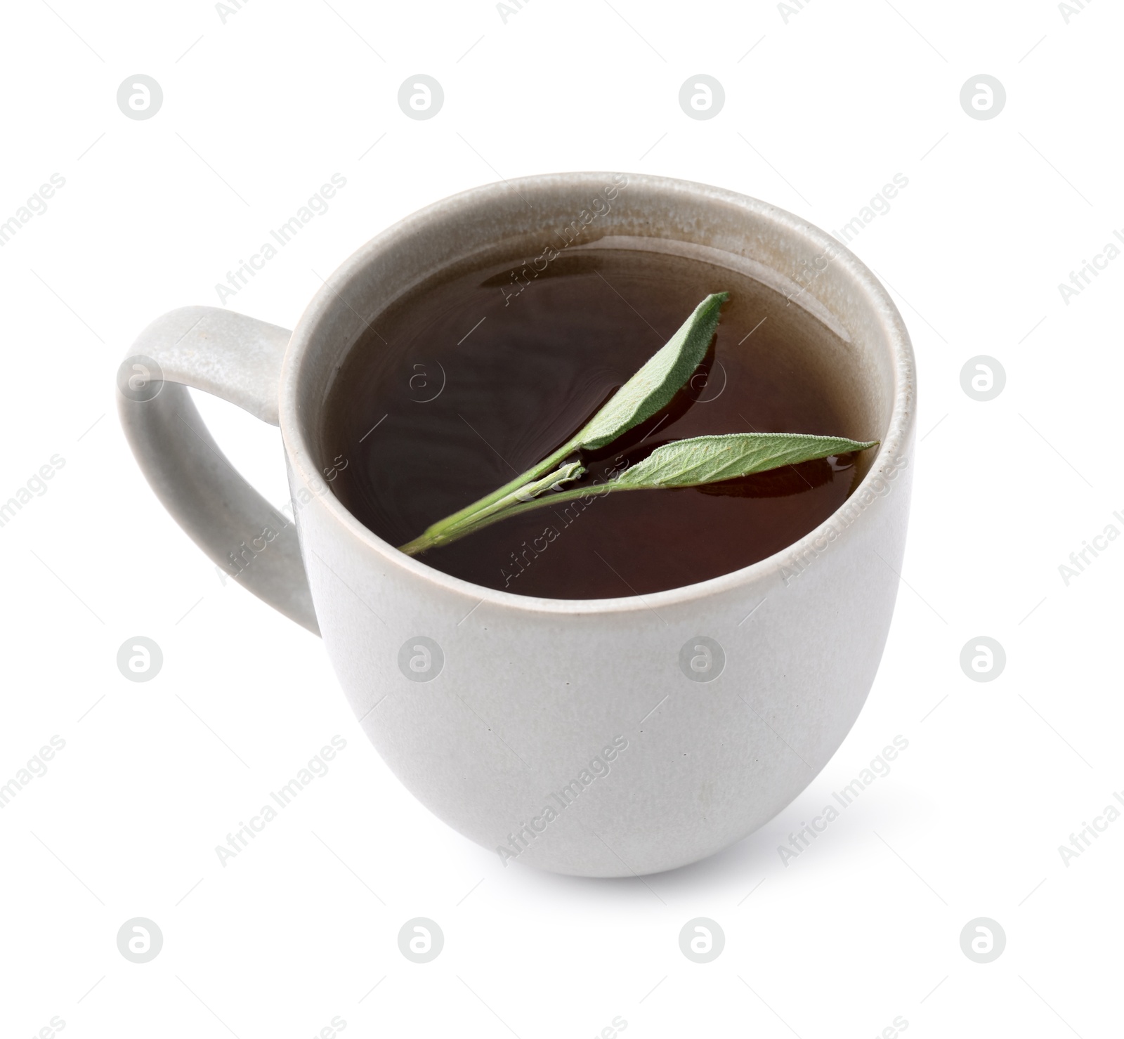 Photo of Aromatic herbal tea with sage in cup isolated on white