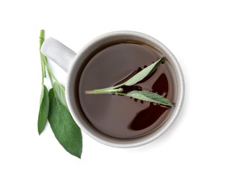 Aromatic herbal tea in cup with sage isolated on white, top view