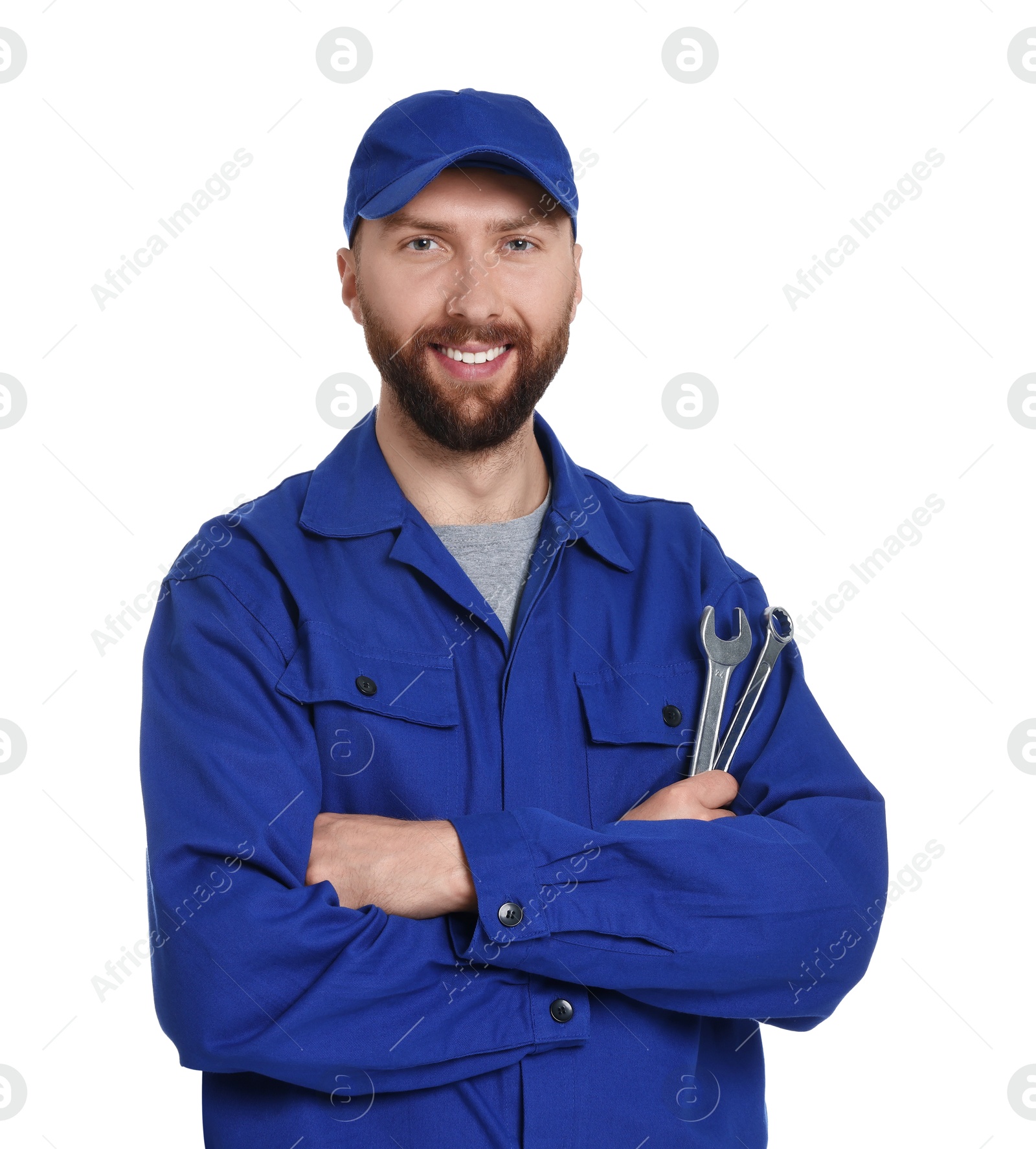 Photo of Professional auto mechanic with tools on white background