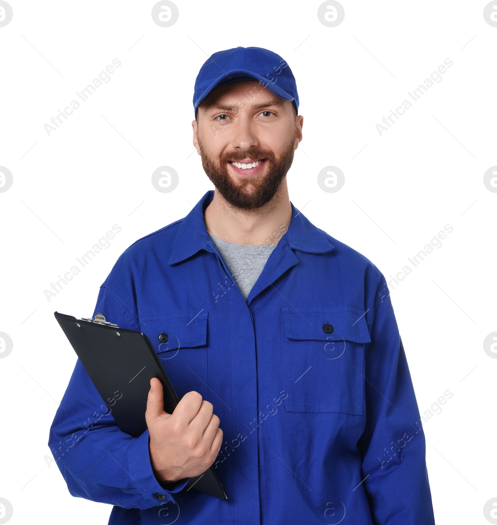 Photo of Professional auto mechanic with clipboard on white background