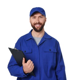 Professional auto mechanic with clipboard on white background