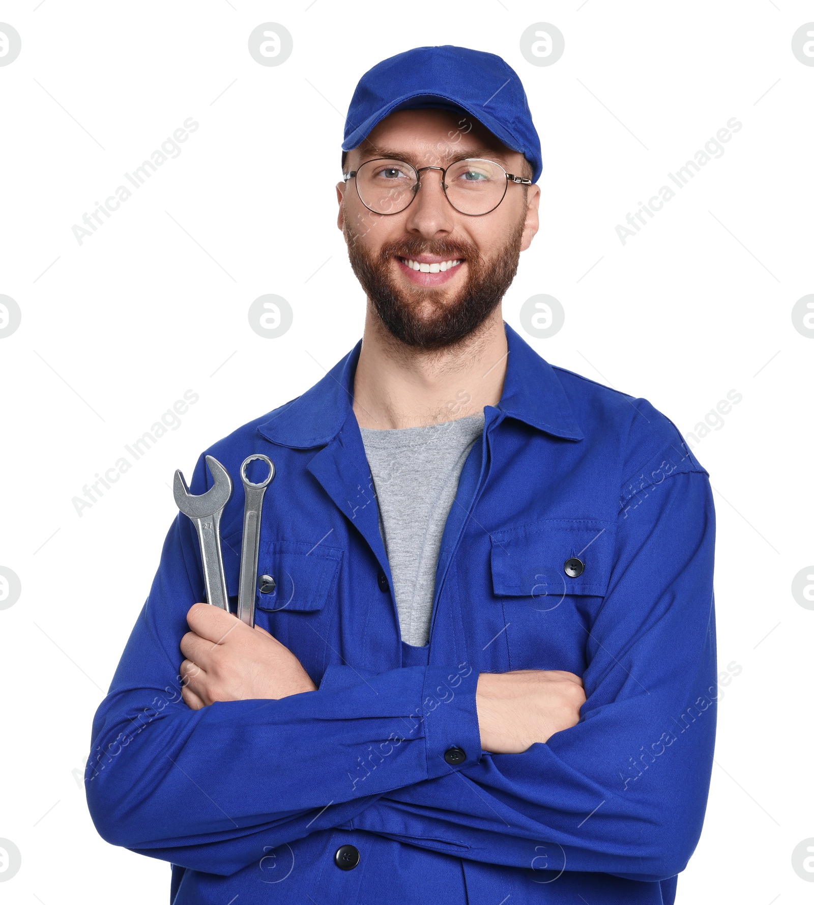 Photo of Professional auto mechanic with tools on white background