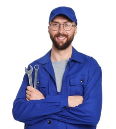 Professional auto mechanic with tools on white background