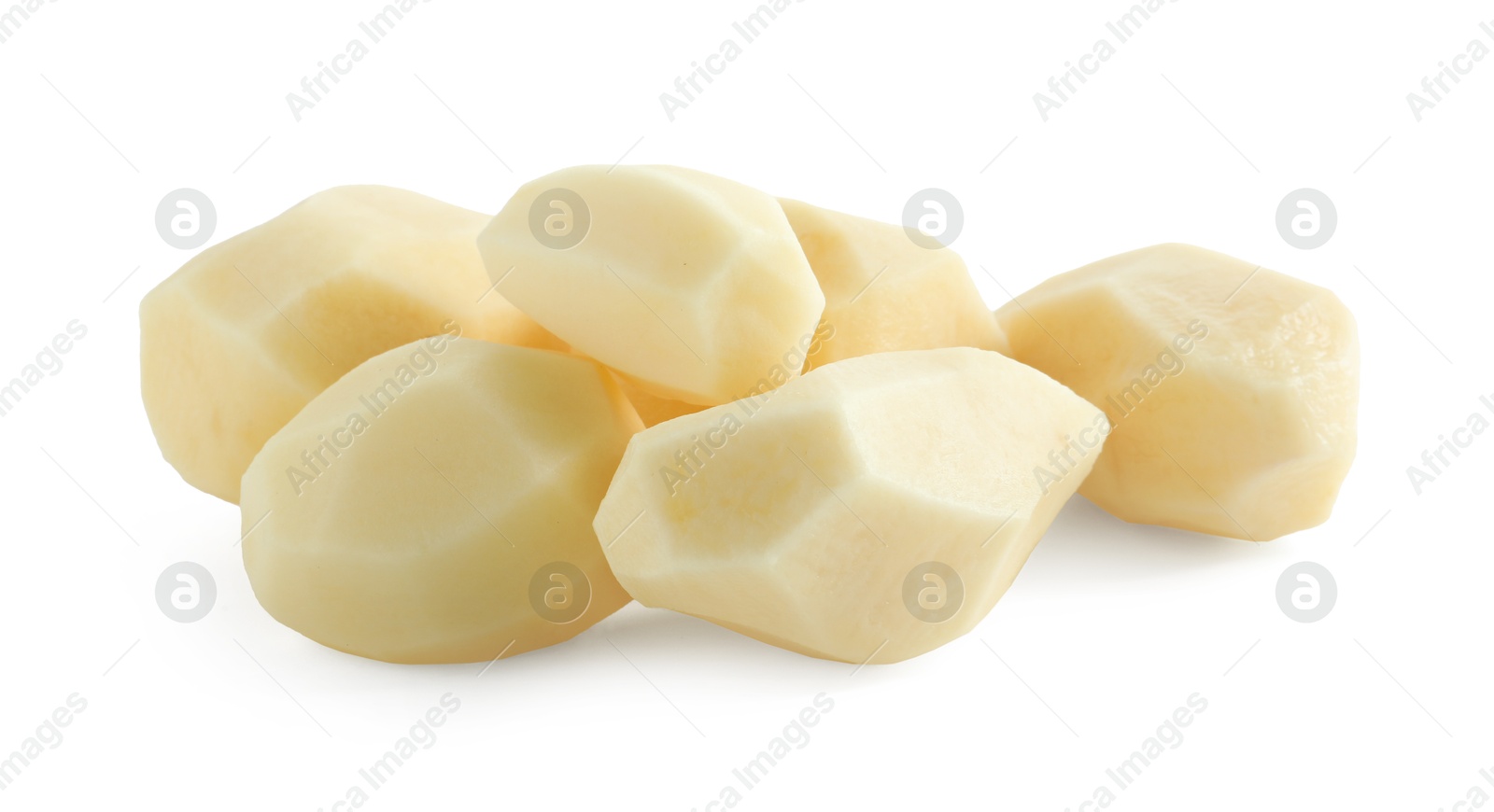 Photo of Peeled fresh raw potatoes isolated on white