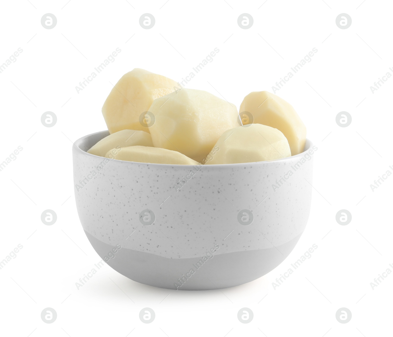 Photo of Fresh raw potatoes in bowl isolated on white