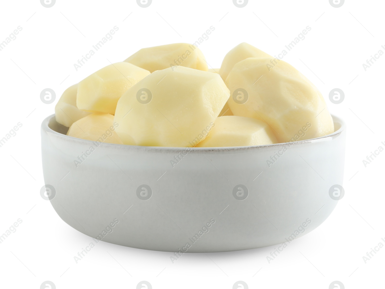 Photo of Fresh raw potatoes in bowl isolated on white