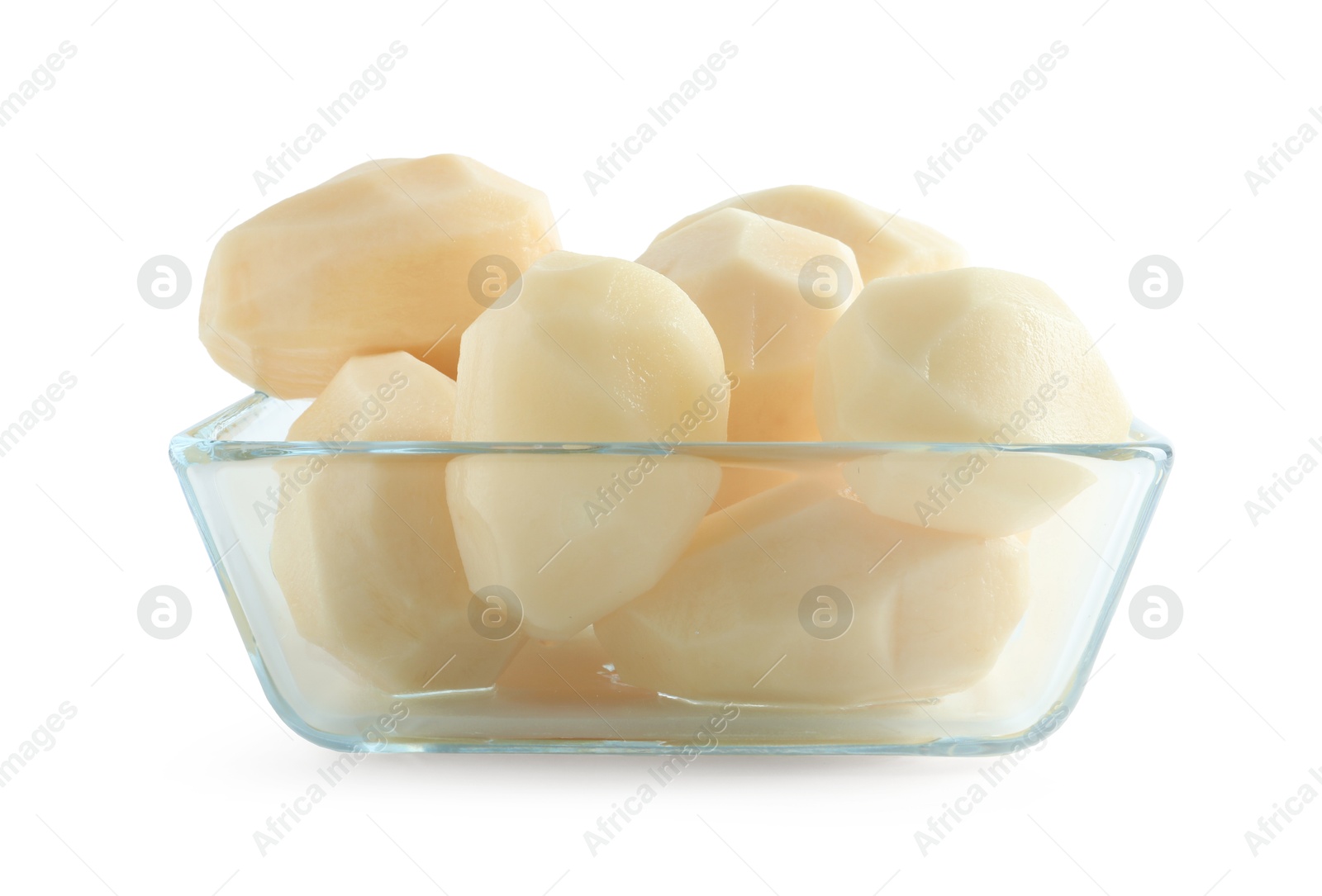 Photo of Fresh raw potatoes in glass bowl isolated on white