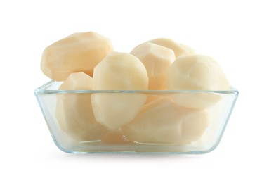 Fresh raw potatoes in glass bowl isolated on white