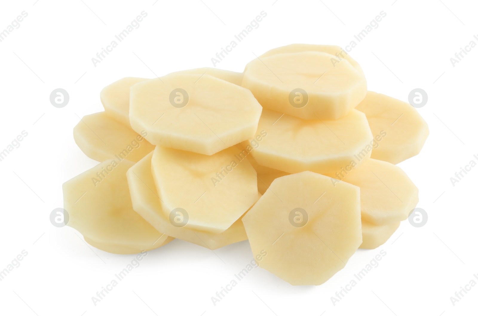 Photo of Cut fresh raw potatoes isolated on white