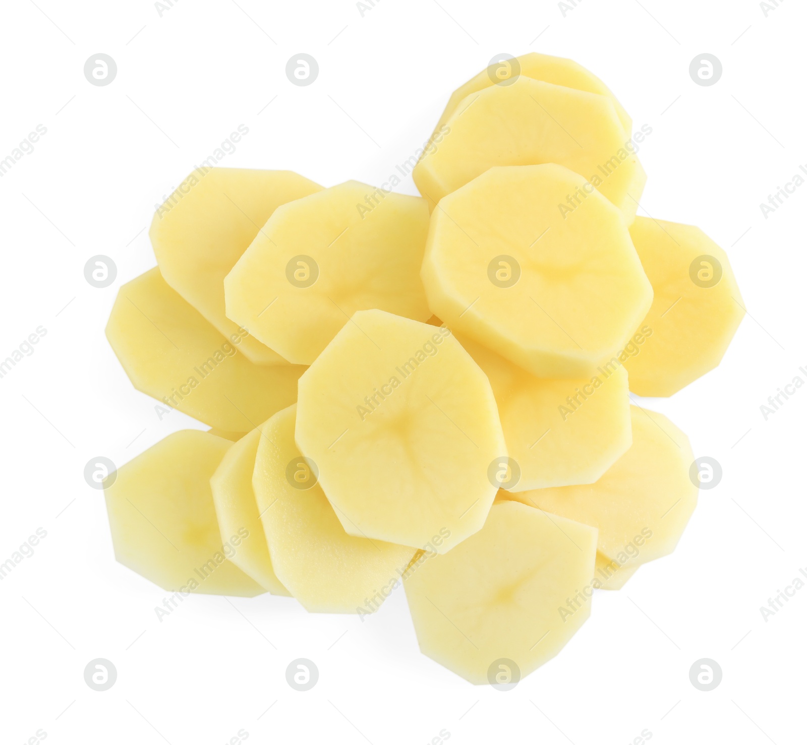 Photo of Cut fresh raw potatoes isolated on white, top view