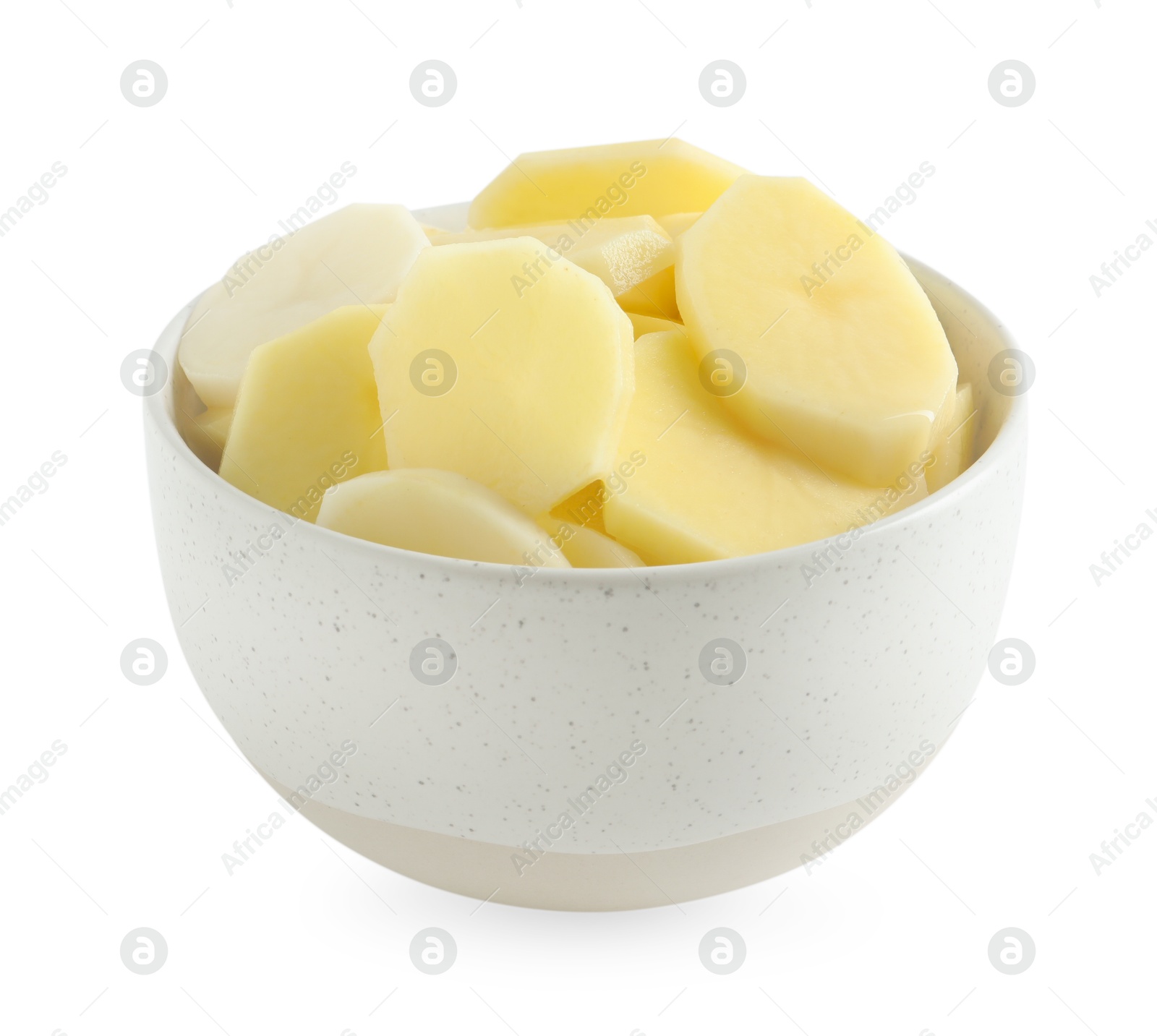 Photo of Fresh raw potatoes in bowl isolated on white