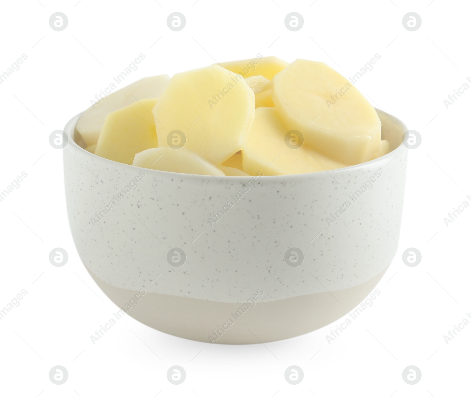 Photo of Fresh raw potatoes in bowl isolated on white