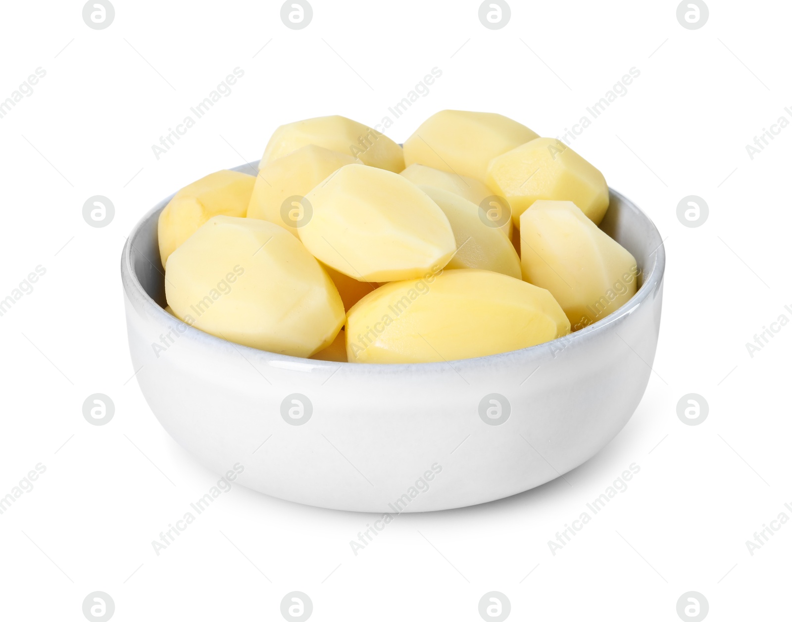 Photo of Fresh raw potatoes in bowl isolated on white