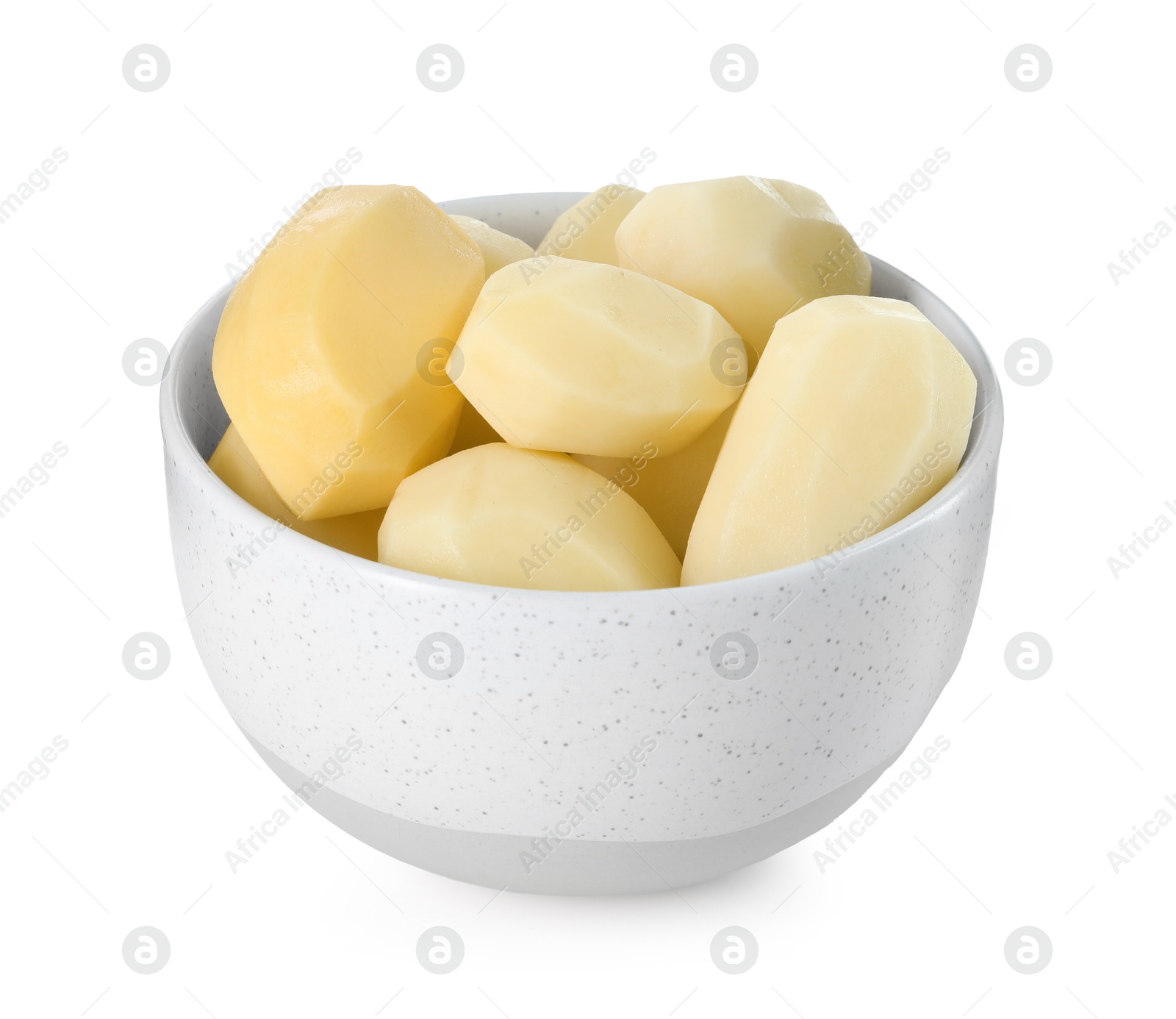 Photo of Fresh raw potatoes in bowl isolated on white