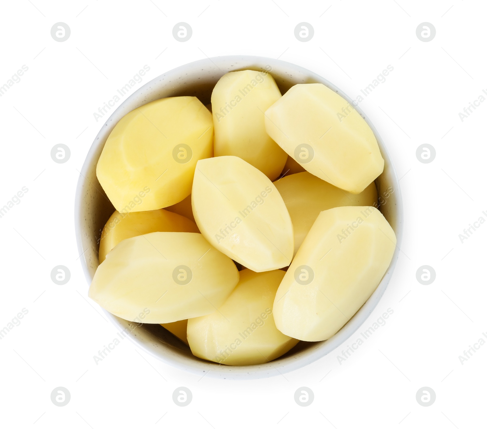 Photo of Fresh raw potatoes in bowl isolated on white, top view