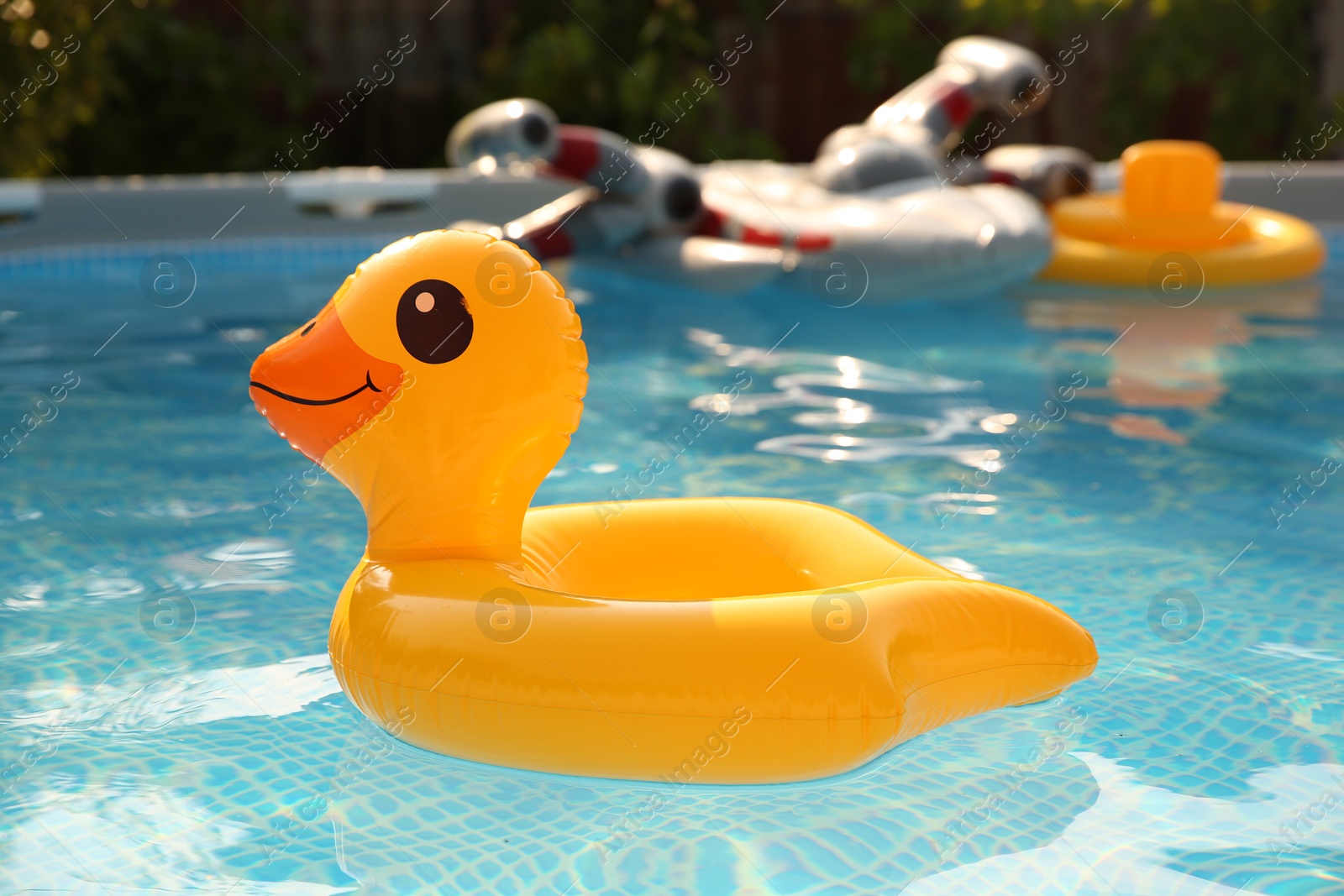 Photo of Inflatable duck shaped ring on water in above ground swimming pool outdoors