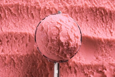 Photo of Scoop with tasty watermelon sorbet, top view