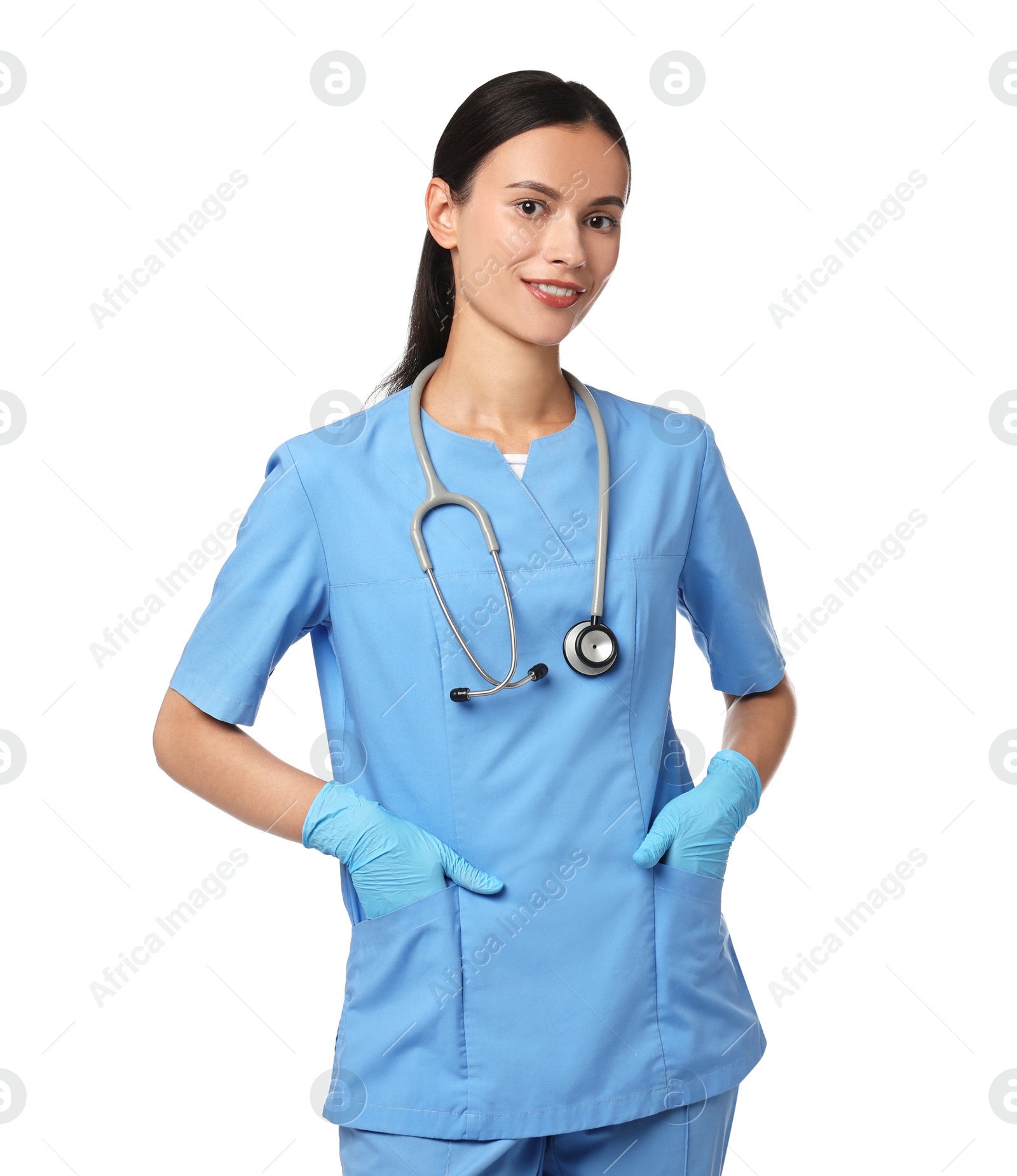 Photo of Portrait of smiling nurse on white background