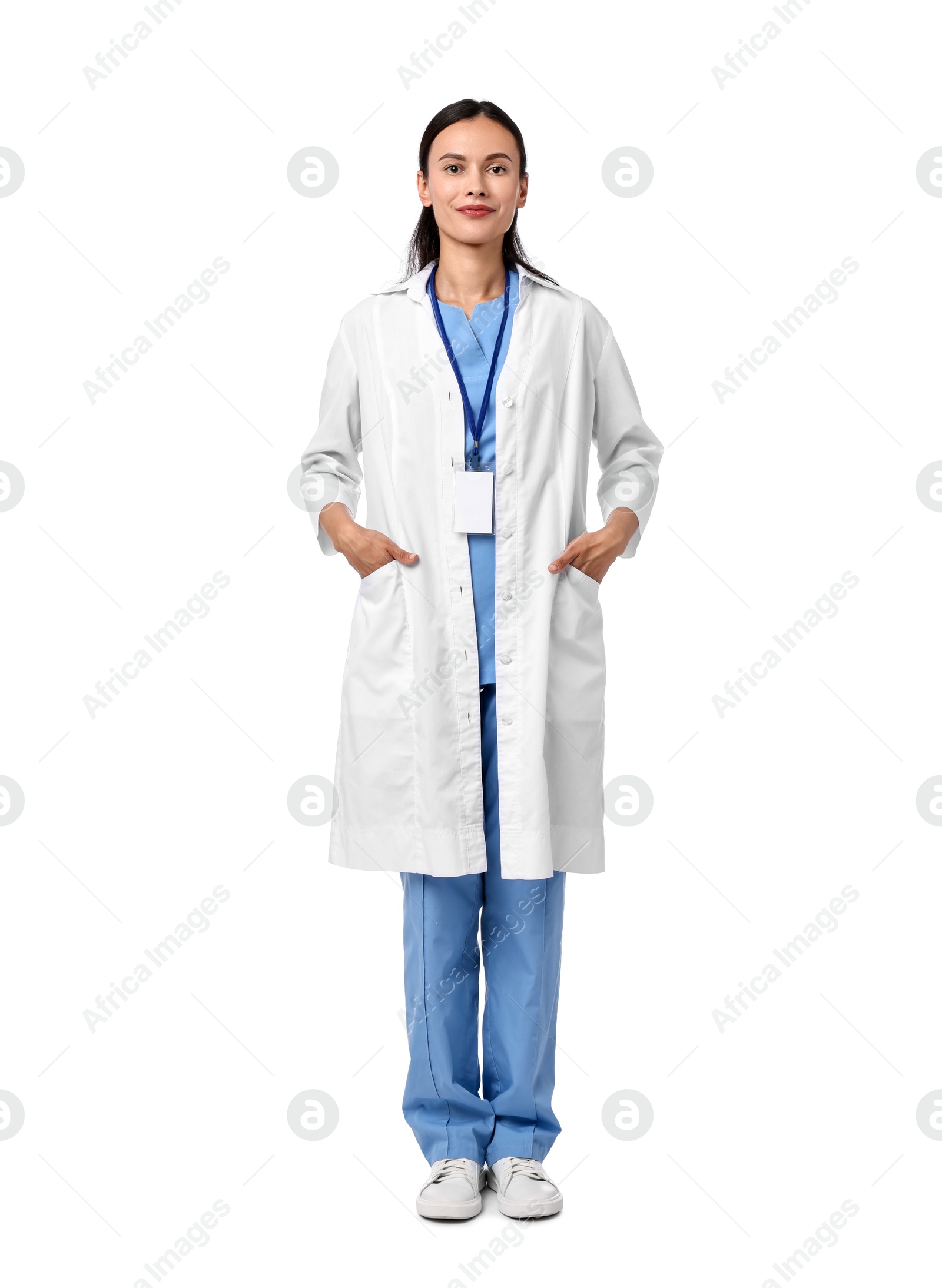 Photo of Beautiful nurse in uniform on white background